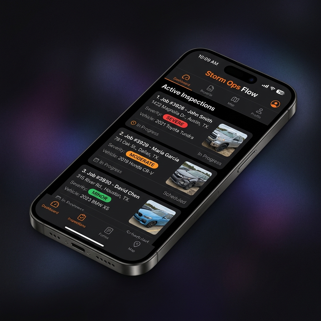 Storm Ops Flow iPhone app — field job dashboard